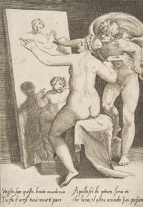 Apollo seisoo naisen vieressä, joka edustaa maalausallegoriaa, elokuvasta The Loves..., 1531-60. tekijältä Giulio Bonasone