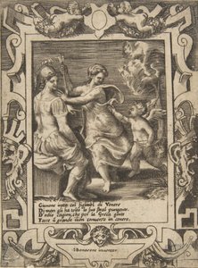 Athena istuu lähellä Junoa, joka on vienyt pois Cupidon nuolet, asetettu taidokkaaseen kehykseen..., 1531-76. tekijältä Giulio Bonasone