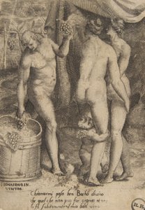Bacchus antaa rypäleitä naisille, teoksesta The Loves of the Gods, 1531-60. tekijältä Giulio Bonasone