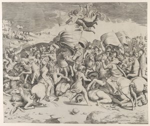 Constantine voitti tyranni Maxentiuksen, miekkoja kantavat enkelit lentävät yllä, 1544, 1544. tekijältä Giulio Bonasone