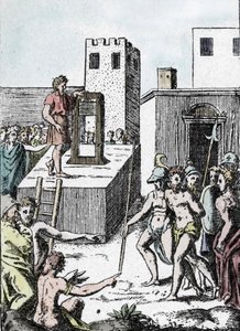 Kuolemanrangaistus: kuolemantuomion täytäntöönpano giljotiinin (kone a decollation) esi-isän kanssa Italiassa nimeltä Mannaia ja suunnitellut Achille Bocchi, vuonna 1555." Kaiverrus Giulio Buonasone (Bonasone) (1498-1574) Manna