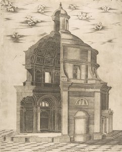Neptunukselle omistetun Rooman temppelin ulko- ja sisäosa, 1541. tekijältä Giulio Bonasone
