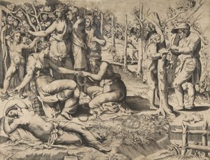 Flora keskellä jakaa seppeleen toiselle naiselle, muiden viikunoiden ympäröimänä, 1500-luvun puoliväli. tekijältä Giulio Bonasone