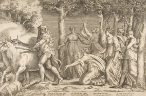 Herkules ajamassa pois Geryonin karjaa, oikealla ovat Hesperidien nymfit, ..., 1531-76. tekijältä Giulio Bonasone