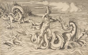 Herkules taistelee lohikäärmettä vastaan keskellä, Achelous kantaa Deianeiran ylhäällä vasemmalla, 1531-76. tekijältä Giulio Bonasone