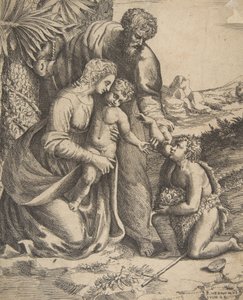 Pyhä perhe oikealla polvistuvan pyhän Johannes Kastajan kanssa, 1531-76. tekijältä Giulio Bonasone