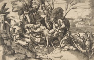 Amalthean vuohi imettämä Jupiter, 1531-76. tekijältä Giulio Bonasone