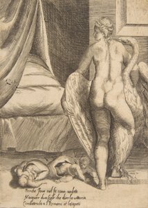 Leda ja joutsen, teoksesta The Loves of the Gods, 1531-76. tekijältä Giulio Bonasone