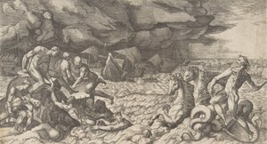 Neptunus rauhoittaa Aeneas-laivastoa vastaan nostettua myrskyä, 1531-76. tekijältä Giulio Bonasone