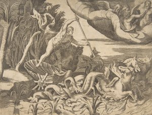 Merihevoset vetivät Neptunusta vaunussaan "Universumin jaosta", 1..., 1531-76. tekijältä Giulio Bonasone