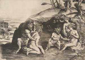 Nymfit ja satyyrit kylpemässä, 1531-76. tekijältä Giulio Bonasone