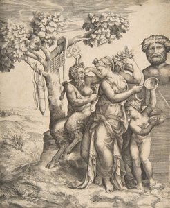 Pannu vasemmalla seisovan nymfin vieressä, oikealla Amor pitelee symbaaleja, 1531-76. tekijältä Giulio Bonasone