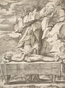 Pieta, Kristus ojennettuna pöydällä maisemassa, Neitsyt käsivarsien takana..., 1531-76. tekijältä Giulio Bonasone