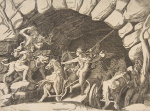 Pluto ratsastaa vaunuilla, jotka laskeutuvat helvettiin, "universumin jaosta", 1531-76. tekijältä Giulio Bonasone