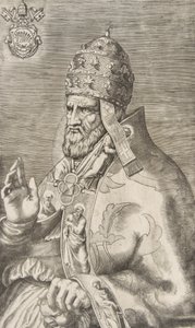 Paavi Marcellus II:n muotokuva, oikea käsi kohotettuna vasemmalle päin, n. 1555. tekijältä Giulio Bonasone