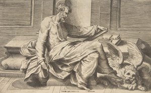 Pyhä Markus kirjoittaa evankeliumiaan, siivekäs leijona oikealla, 1531-76. tekijältä Giulio Bonasone