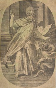 Pyhä Paavali voittaa kyykäärmeen, arkkitehtonisessa ympäristössä, soikea sommitelma, n. 1540-70. tekijältä Giulio Bonasone