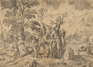 Lepo lennossa Egyptiin, Joosef oikealla, Neitsyt pitelee Kristuslapsia..., 1531-76. tekijältä Giulio Bonasone