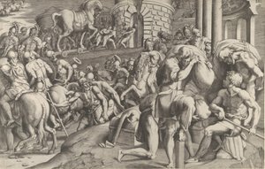 Troijalaiset vetävät puuhevosen Troijaan, 1545. tekijältä Giulio Bonasone