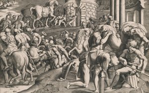 Troijalaiset veivät puuhevosen kaupunkiin, 1545. tekijältä Giulio Bonasone