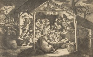 Paimenten palvonta, erilaiset Kristus-lapsen ympärillä olevat hahmot vuosisadalla..., 1531-76. tekijältä Giulio Bonasone