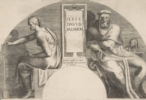 Kristuksen esi-isät reunustavat kaiverrettua taulua, kaarevaa yläosaa, 1531-76. tekijältä Giulio Bonasone