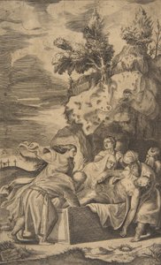 Kristuksen hautaus, Golgatan ristit näkyvät vasemmalla taustalla, 1563. tekijältä Giulio Bonasone