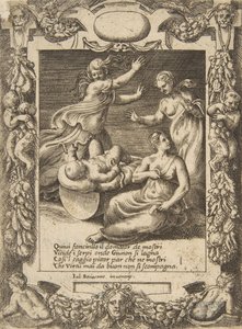 Herkules-lapsi tappamassa käärmeitä, sijoittuneena monimutkaisiin kehyksiin, sarjasta "Loves,...", 1531-76. tekijältä Giulio Bonasone