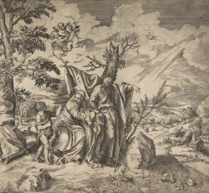 Loput Pyhästä perheestä lennossa Egyptiin, 1531-76. tekijältä Giulio Bonasone