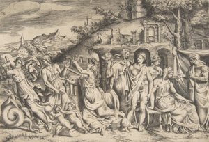 Tarina Jasonista ja Medeasta vasemmalla hän kantaa pois poikansa, keskellä hän on ..., 1531-76. tekijältä Giulio Bonasone
