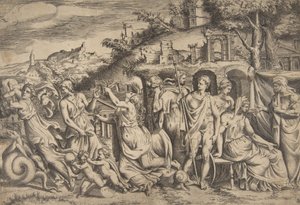 Tarina Jasonista ja Medeasta vasemmalla hän kantaa pois poikansa, keskellä hän on ..., 1531-76. tekijältä Giulio Bonasone