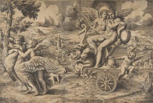 Kahden linnun vetämissä vaunuissa istuvien Cupidon ja Psychen voitto lepää..., n. 1550-67. tekijältä Giulio Bonasone