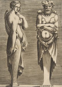 Kaksi termiä, nymfi vasemmalla Silvanus oikealla, n. 1530-50. tekijältä Giulio Bonasone