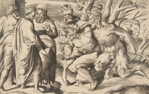 Kaksi satyyriä tuomassa Silenus-kuningas Midasta seisomassa vasemmalla, 1531-76. tekijältä Giulio Bonasone