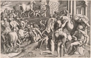 Troijalaiset vetävät puisen hevosen Troijaan tekijältä Giulio Bonasone, after Francesco Primaticcio