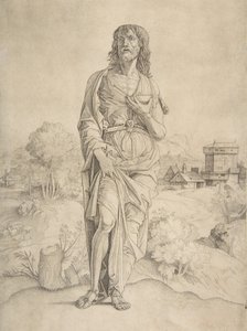 Pyhä Johannes Kastaja seisoo maisemassa, hahmoja ja rakennuksia taustalla..., n. 1505-10.