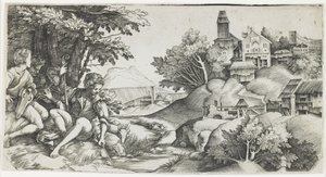 Paimenet maisemassa, n. 1517-1518 tekijältä Giulio Campagnola