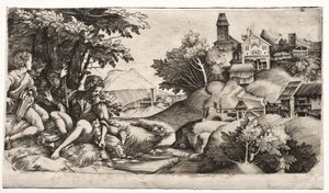 Paimenet maisemassa, n. 1517. tekijältä Giulio Campagnola