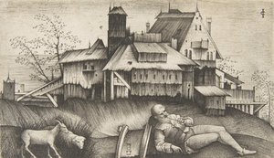 Vanha paimen makaa maisemassa, rakennukset takana, vuohi ja lammas th..., n. 1500-1515. tekijältä Giulio Campagnola