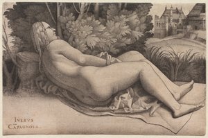 Venus makaamassa maisemassa, n. 1508-09 tekijältä Giulio Campagnola