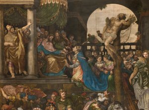 Eteläisen poikkiristeyksen vastajulkisivua vastapäätä seinä, Giuseppe Campi, Mordekain voitto 1567, yksityiskohta korkea osa tekijältä Giulio Campi