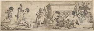 Bacchanal infant satyrs ja putti vasemmalla, alaston mieshahmo nojaa edessä..., 1633-78. tekijältä Giulio Carpioni