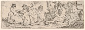 Bacchanal, jossa satyyri soittaa luuttua ja ympäröi neljä hahmoa, jotka katsovat kohti s..., 1640-60. tekijältä Giulio Carpioni