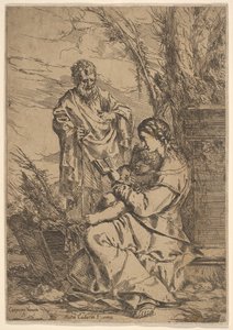 Pyhä perhe, jossa Neitsyt lukee, Neitsyt istuu profiilissa ja kirja vasemmalla..., 1640-60. tekijältä Giulio Carpioni