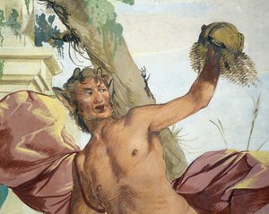 Nymph Corsica jahtaa Satyr, joka vetää pois peruukkinsa Giulio Carpioni