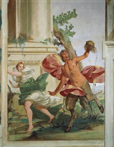 Nymph Corsica jahtaa Satyr, joka vetää pois peruukkinsa Giulio Carpioni