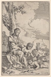 Pyhä perhe, jossa pieni pyhä Johannes suutelee Kristuksen jalkoja, 1640-60.