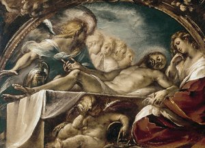 Kuollut Kristus enkelien kanssa. (öljy kankaalle tekijältä Giulio Cesare Procaccini
