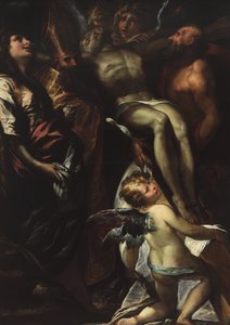 Laskeutuminen ristiltä pyhien Maria Magdaleenan, Augustinuksen, Hieronymuksen ja enkelien kanssa, n. 1618