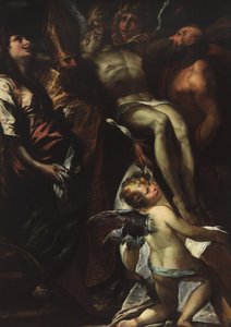 Ristin laskeminen pyhien Maria Magdaleenan, Augustinuksen, Hieronymuksen ja enkelien kanssa. tekijältä Giulio Cesare Procaccini